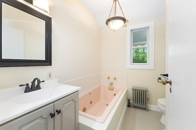 220 Prospect St, Seekonk, MA 02771 - full bath featuring radiator, toilet, a jetted tub, vanity, and tile patterned flooring