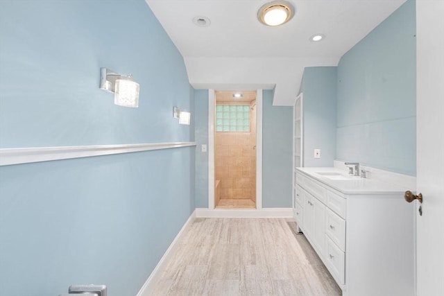 220 Prospect St, Seekonk, MA 02771 - full bath with a shower stall, vanity, wood finished floors, baseboards, and recessed lighting