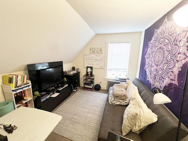 living room featuring baseboards and lofted ceiling