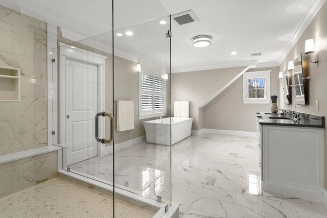 bathroom featuring plenty of natural light, ornamental molding, shower with separate bathtub, and vanity