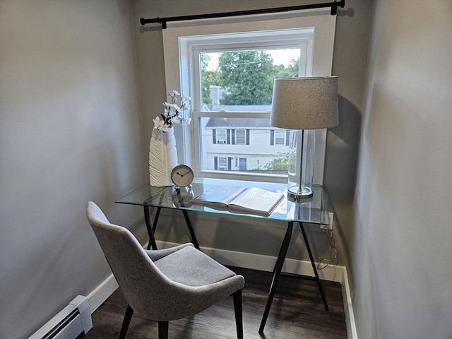 home office featuring dark hardwood / wood-style floors and baseboard heating