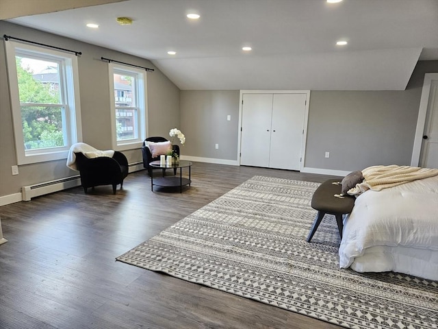 interior space with vaulted ceiling, dark hardwood / wood-style floors, and baseboard heating