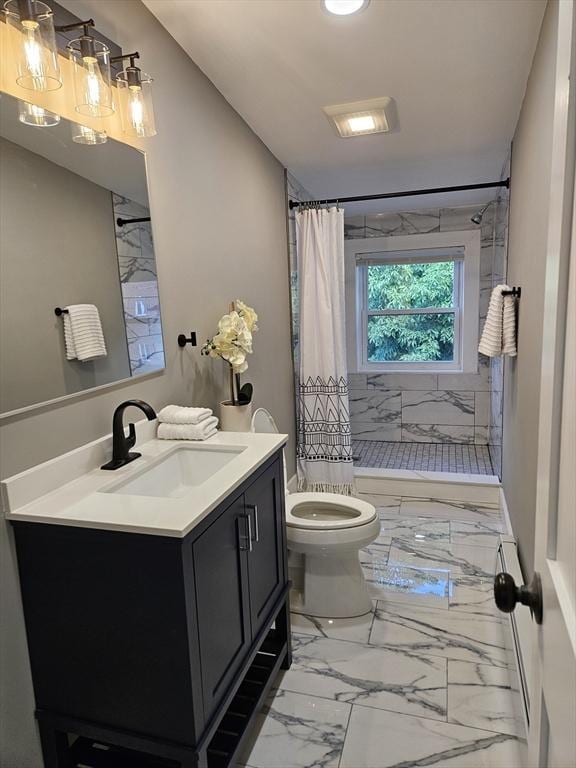 bathroom featuring vanity, curtained shower, and toilet