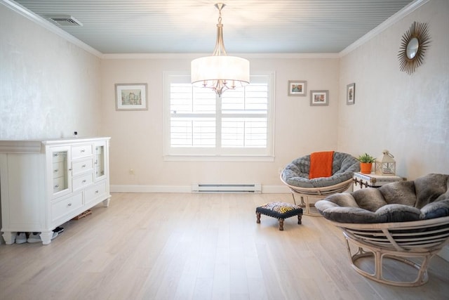 living area featuring visible vents, a baseboard radiator, an inviting chandelier, ornamental molding, and light wood-type flooring