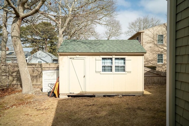 view of shed with a fenced backyard