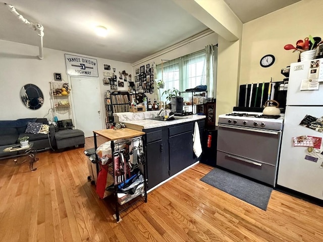 262 Adams St, Newton, MA 02458 - kitchen with white appliances, light wood finished floors, light countertops, and dark cabinetry