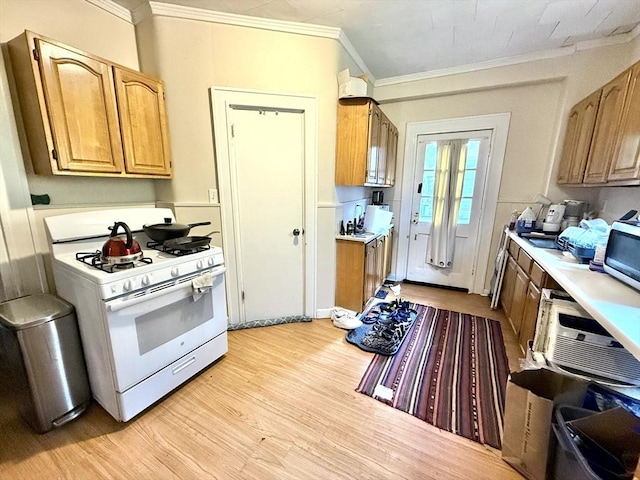 262 Adams St, Newton, MA 02458 - kitchen with white range with gas stovetop, ornamental molding, light wood-type flooring, light countertops, and stainless steel microwave