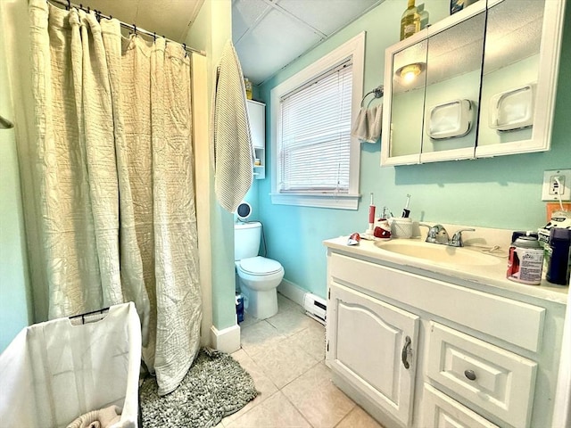 262 Adams St, Newton, MA 02458 - full bathroom with a baseboard radiator, tile patterned floors, vanity, toilet, and a shower with shower curtain
