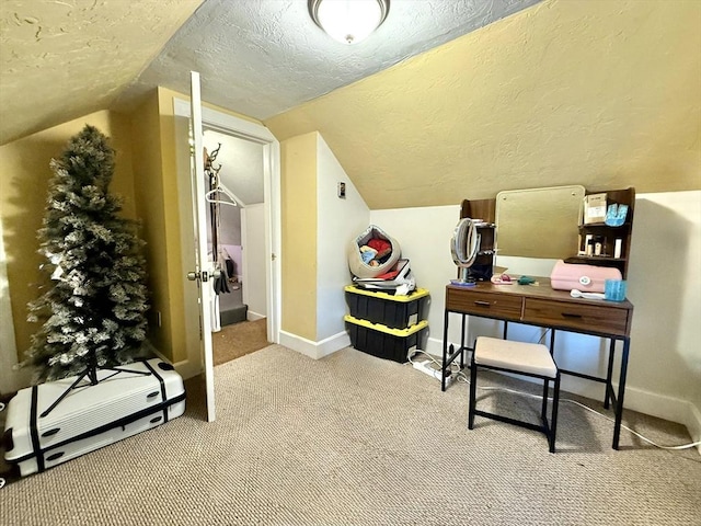 262 Adams St, Newton, MA 02458 - carpeted office space with a textured ceiling, lofted ceiling, and baseboards