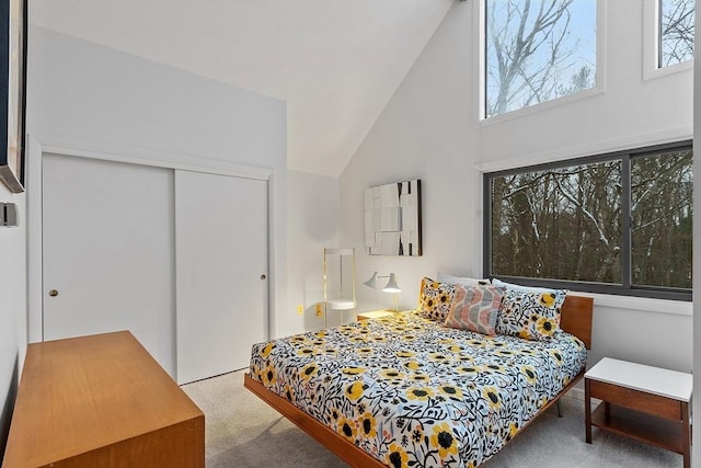 carpeted bedroom with high vaulted ceiling and a closet