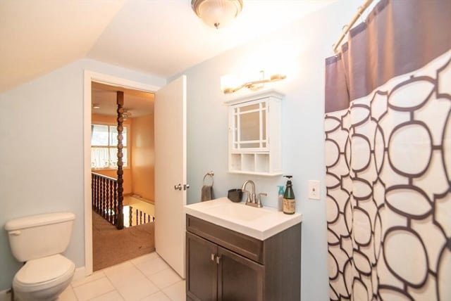 95 N Lowell St, Methuen, MA 01844 - full bath featuring vanity, tile patterned floors, a shower with curtain, and vaulted ceiling