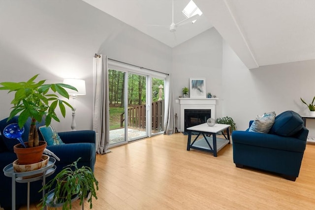 20 Hawthorne Vlg Unit C, Franklin, MA 02038 - living area featuring a skylight, light wood-style floors, a fireplace, and high vaulted ceiling