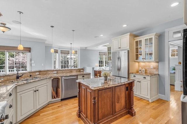 kitchen with glass insert cabinets, light wood-type flooring, plenty of natural light, a sink, and appliances with stainless steel finishes