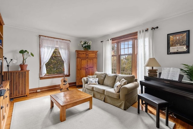 sitting room featuring ornamental molding, light hardwood / wood-style floors, and radiator