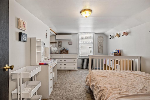 bedroom with a wall mounted air conditioner, vaulted ceiling, radiator heating unit, and light colored carpet