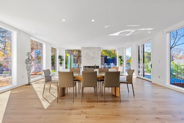 dining space featuring a fireplace, a wealth of natural light, light wood-type flooring, and floor to ceiling windows