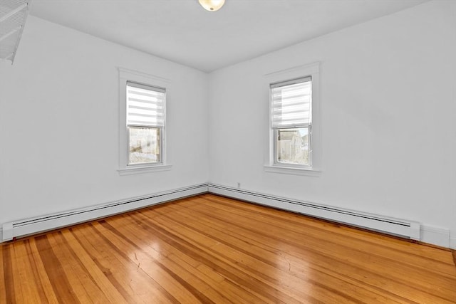 unfurnished room with hardwood / wood-style flooring and a baseboard heating unit