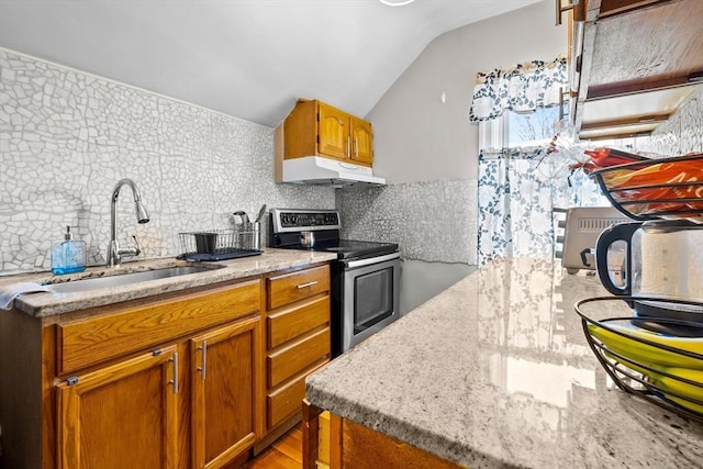 kitchen featuring vaulted ceiling, stainless steel electric stove, sink, and backsplash