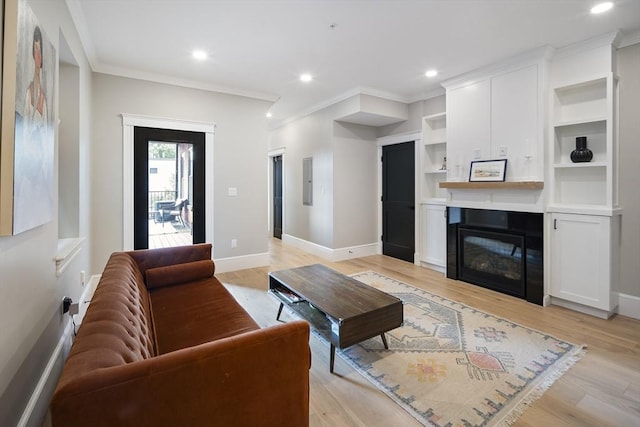40 Mount Vernon St Unit 2, Boston, MA 02129 - living room featuring recessed lighting, ornamental molding, a fireplace, light wood finished floors, and electric panel