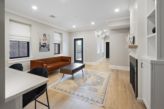 40 Mount Vernon St Unit 2, Boston, MA 02129 - living room with light wood-style floors, ornamental molding, recessed lighting, and a fireplace