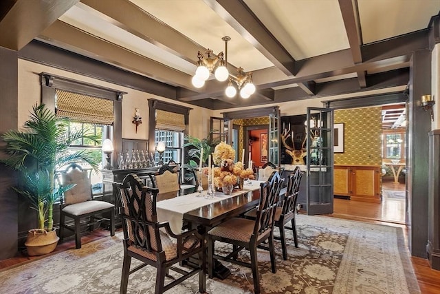 23 Newmarch St, Ipswich, MA 01938 - dining space with a chandelier, wood finished floors, beam ceiling, wallpapered walls, and wainscoting
