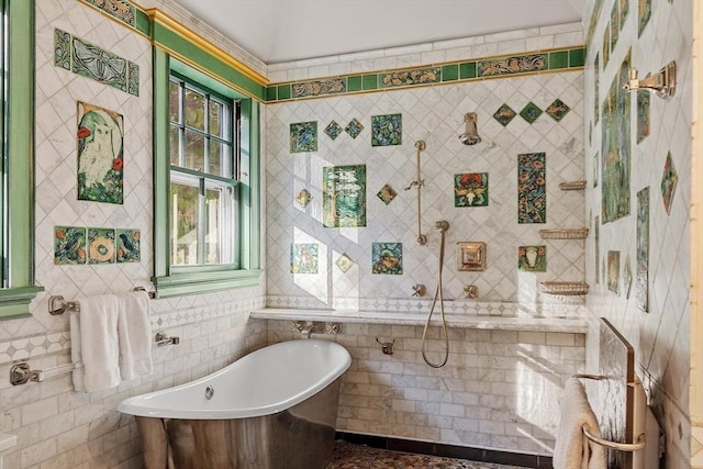 23 Newmarch St, Ipswich, MA 01938 - bathroom featuring tiled shower, a soaking tub, and tile walls