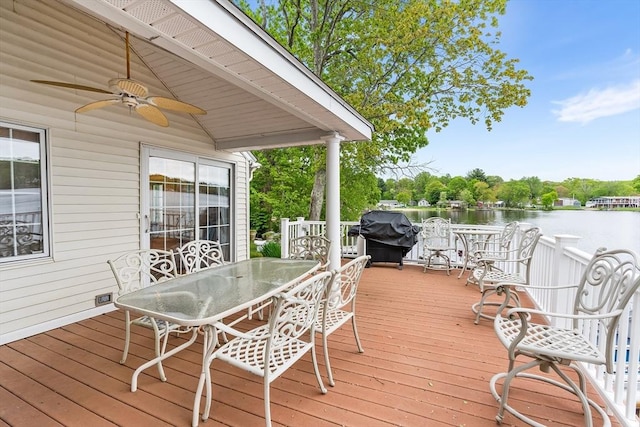 11 Bayside Dr, Wales, MA 01081 - deck featuring ceiling fan, grilling area, outdoor dining area, and a water view