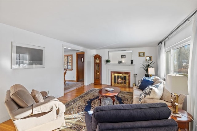 living room featuring a fireplace and light wood-type flooring