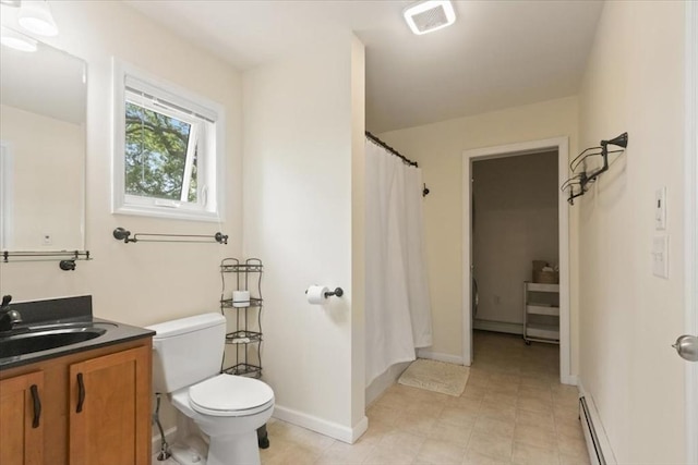 14 Carlson Cv, Weymouth, MA 02189 - bathroom featuring a baseboard heating unit, vanity, toilet, curtained shower, and baseboards