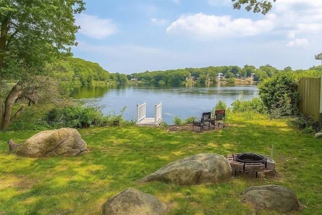 14 Carlson Cv, Weymouth, MA 02189 - view of green lawn featuring an outdoor fire pit and a water view