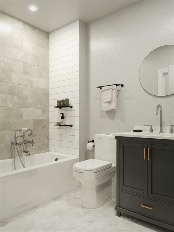 full bath featuring toilet, marble finish floor, vanity, and a tub