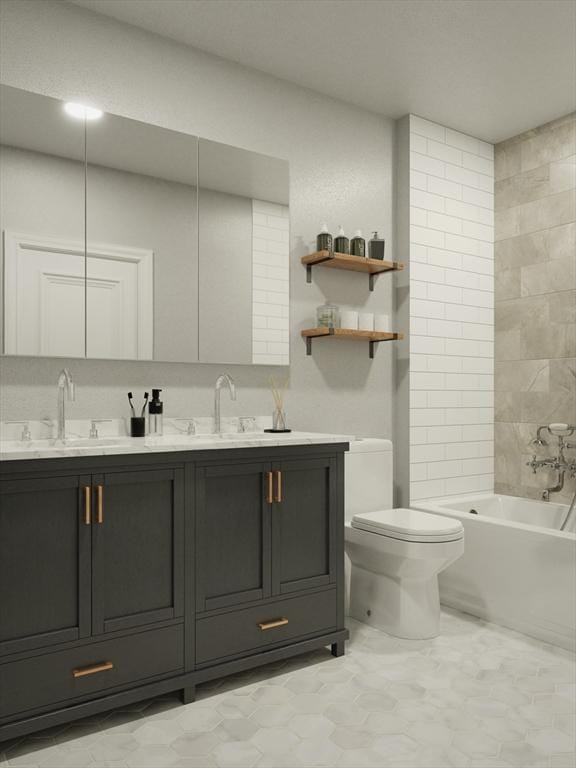 bathroom featuring toilet, a bathtub, double vanity, and a sink