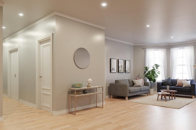 living area with ornamental molding, recessed lighting, baseboards, and light wood-style floors