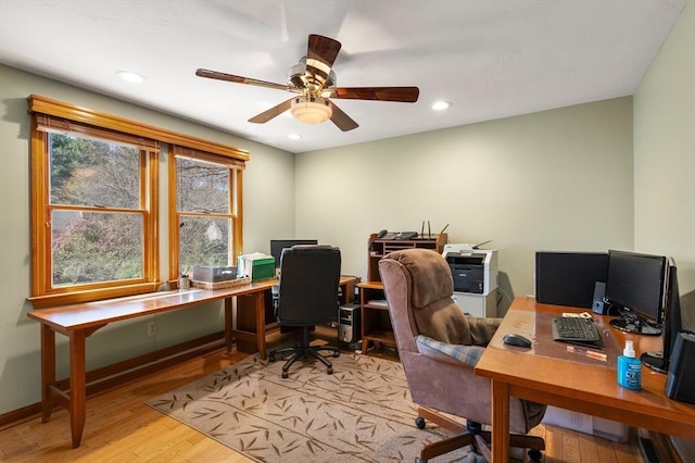 office area with a ceiling fan, recessed lighting, and light wood-style floors