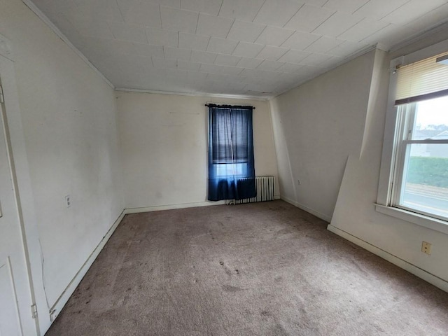 spare room featuring light carpet, radiator heating unit, and crown molding