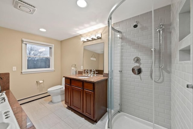 bathroom with a shower with door, a baseboard radiator, tile patterned floors, and vanity