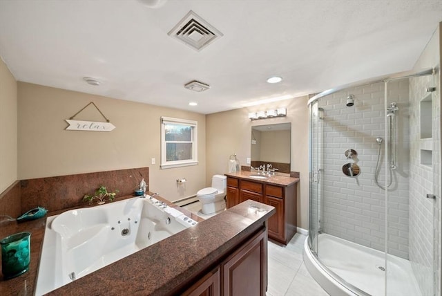 full bathroom featuring baseboard heating, tile patterned floors, vanity, toilet, and plus walk in shower