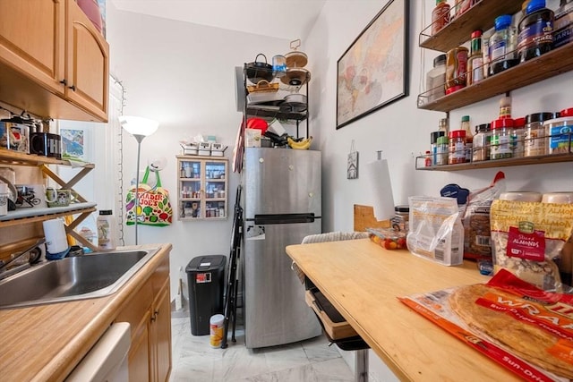 39 Glenville Ave Unit 2, Boston, MA 02134 - kitchen with freestanding refrigerator, light marble finish flooring, dishwasher, and open shelves