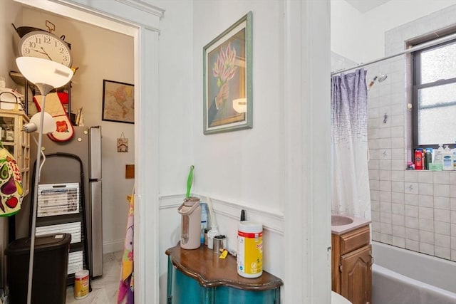 39 Glenville Ave Unit 2, Boston, MA 02134 - bathroom with shower / bath combination with curtain and a wainscoted wall