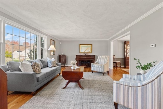 living room with crown molding, a textured ceiling, baseboards, and wood finished floors