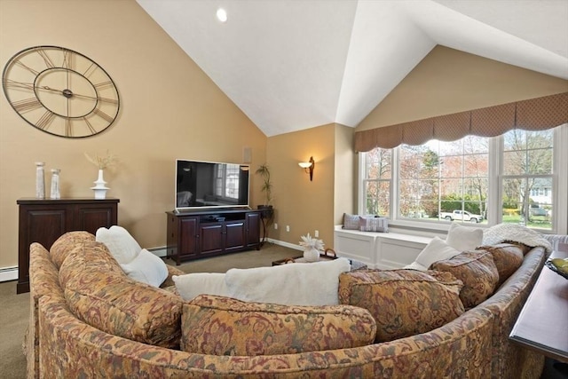 carpeted living room featuring baseboards, baseboard heating, and high vaulted ceiling