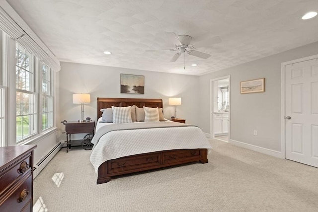 bedroom featuring baseboards, a baseboard radiator, recessed lighting, and light colored carpet