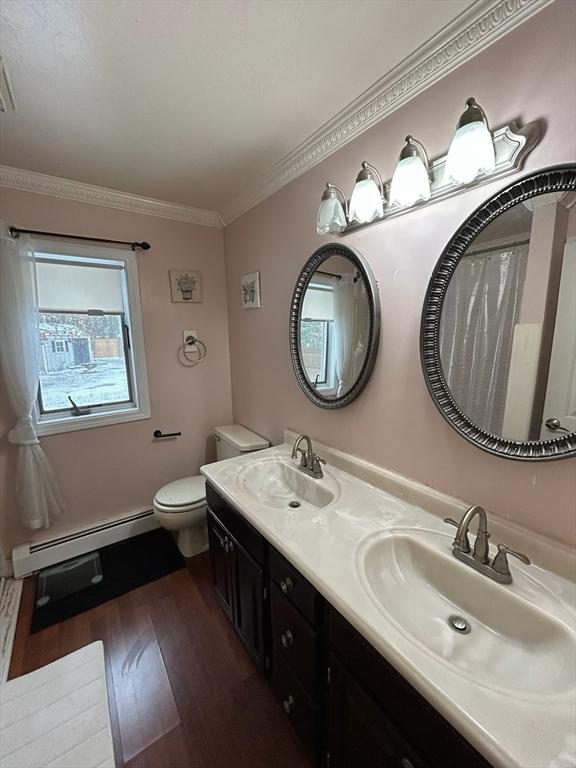 full bathroom featuring ornamental molding, wood finished floors, baseboard heating, and a sink