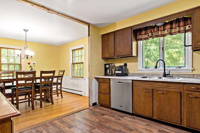 92 Rocky Hill Rd, Rehoboth, MA 02769 - kitchen with dishwasher, a sink, a baseboard radiator, light countertops, and dark wood-style floors