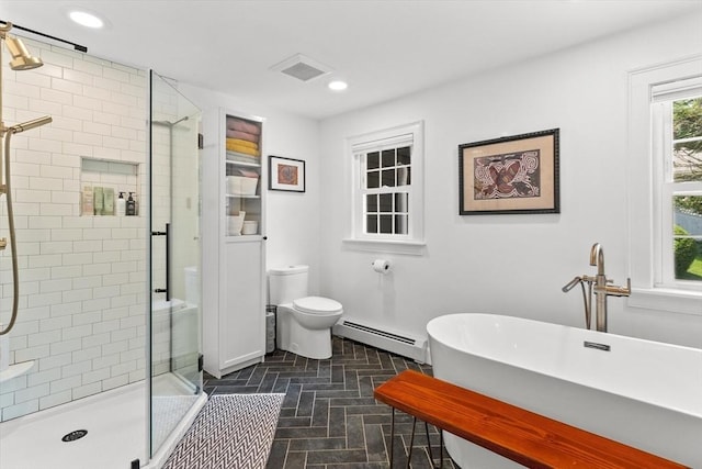 6 Hayes Rd, Salem, MA 01970 - full bathroom featuring baseboard heating, a stall shower, a freestanding tub, recessed lighting, and brick patterned floors