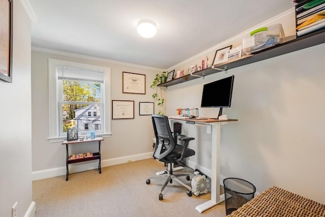 office space with carpet flooring, baseboards, and ornamental molding