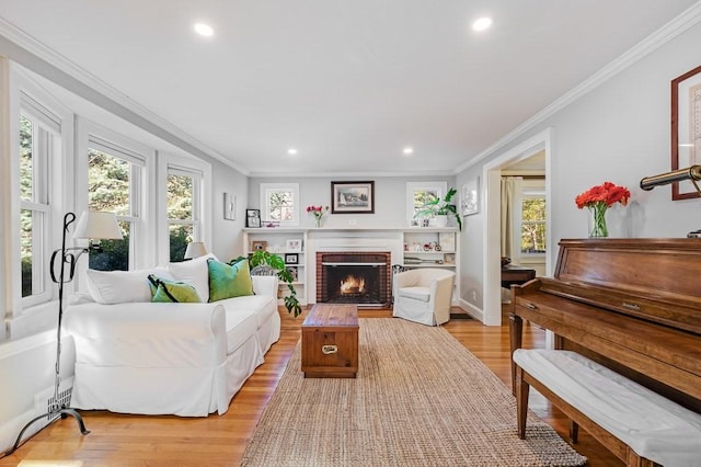 living room featuring light wood-style floors, crown molding, a fireplace, and recessed lighting