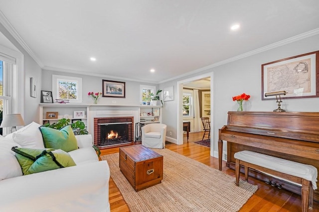living room featuring crown molding, light wood-style flooring, and a fireplace