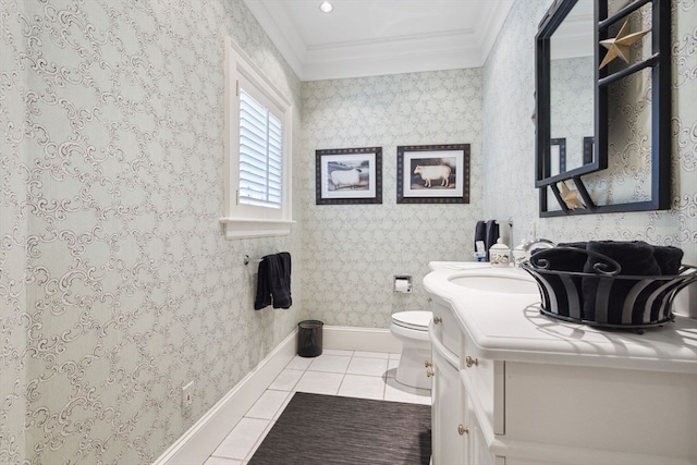 bathroom featuring ornamental molding, toilet, tile floors, and large vanity