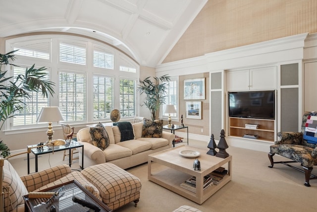 living room with beamed ceiling, high vaulted ceiling, and light carpet